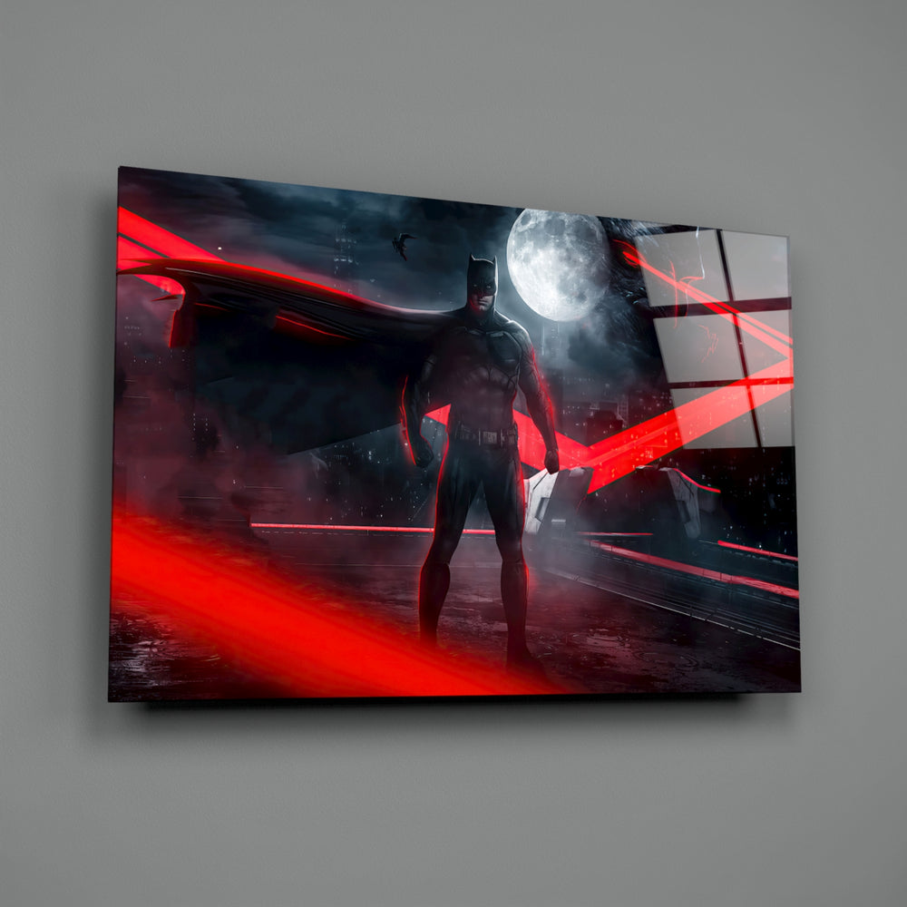 Close-up detail of Batman with red lasers and Superman behind glass