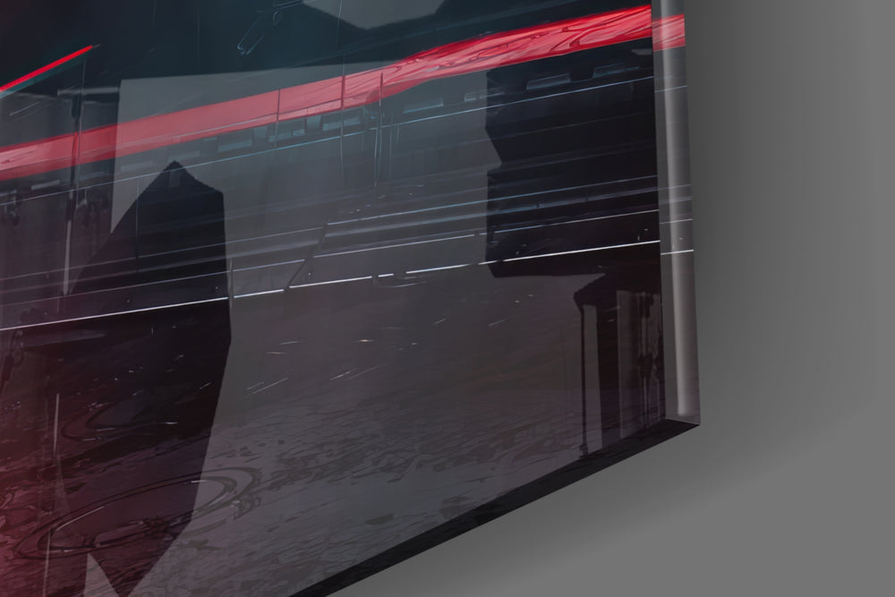 Batman Knightmare glass wall art catching light to reveal its painted lasers