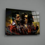 Close-up detail of triple Tyler Durden portrait behind glass