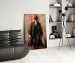 Period-drama panel against a moody dark-painted accent wall