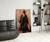 Period-drama panel against a moody dark-painted accent wall