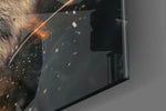 Anger of a Tiger glass wall art catching light to reveal its painted embers