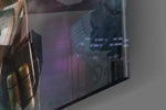 Mandalorian Old Republic glass wall art catching light to reveal its painted neon