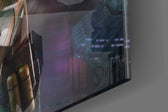Mandalorian Old Republic glass wall art catching light to reveal its painted neon