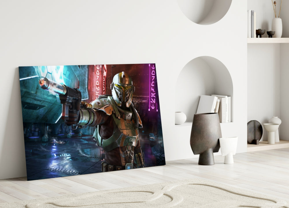 Mandalorian artwork styled in a gaming room interior