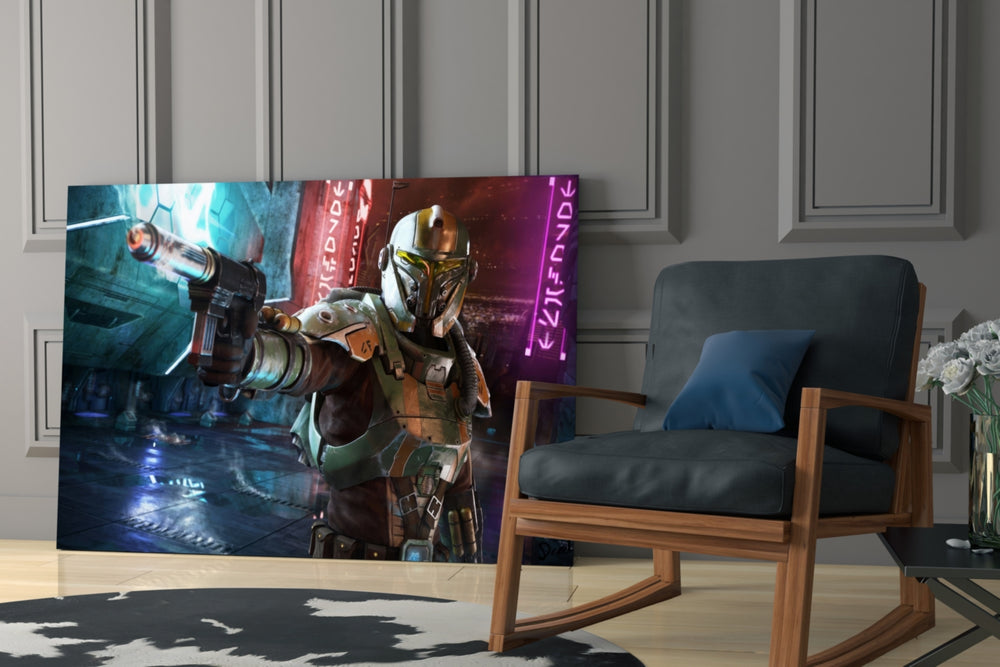 Cinematic artwork in a Star-Wars-leaning home interior