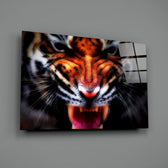 Close-up detail of Bengal tiger snarl behind glass