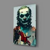 Close-up detail of watercolor Joker double-image behind glass