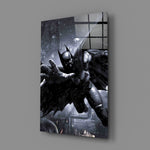Close-up detail of Arkham Batman in snowfall behind glass