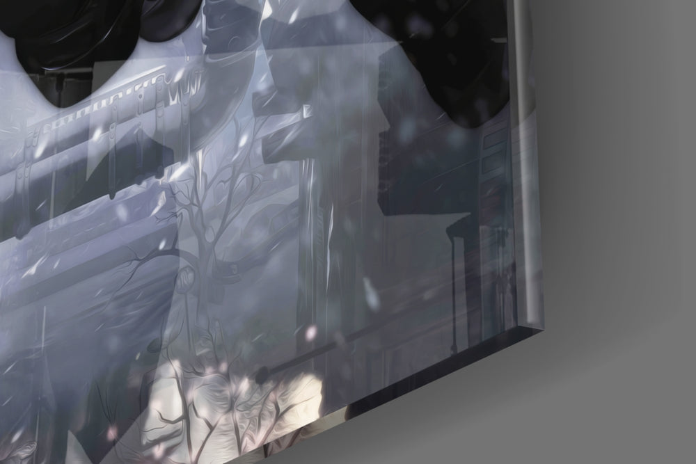 Batman Arkham Leap glass wall art catching light to reveal its painted snow