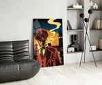 Period-drama panel against a moody dark-painted accent wall