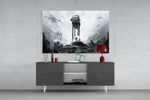 Star Wars Battlefront glass wall art catching light to reveal its painted ash
