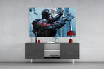 Bad Batch Trooper glass wall art catching light to reveal its painted chrome