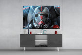 Bad Batch Helmet glass wall art catching light to reveal its painted armor