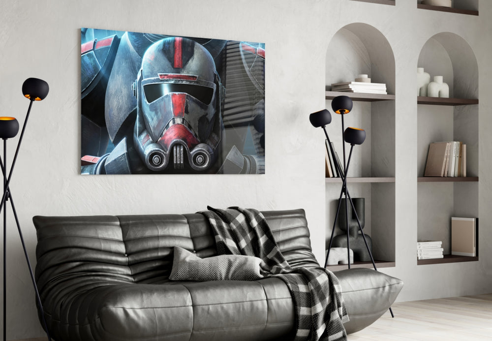 Bad Batch Helmet artwork styled in a gaming room interior