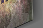 No Pain No Gain glass wall art catching light to reveal its painted grunge