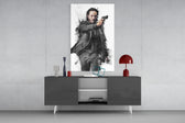 John Wick glass wall art catching light to reveal its painted ink