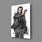 Action-cinema tribute panel anchoring a man cave wall