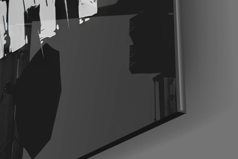 Dark Knight Comic glass wall art catching light to reveal its painted bats