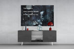 Batman Quote glass wall art catching light to reveal its painted snow