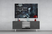 Batman Quote glass wall art catching light to reveal its painted snow