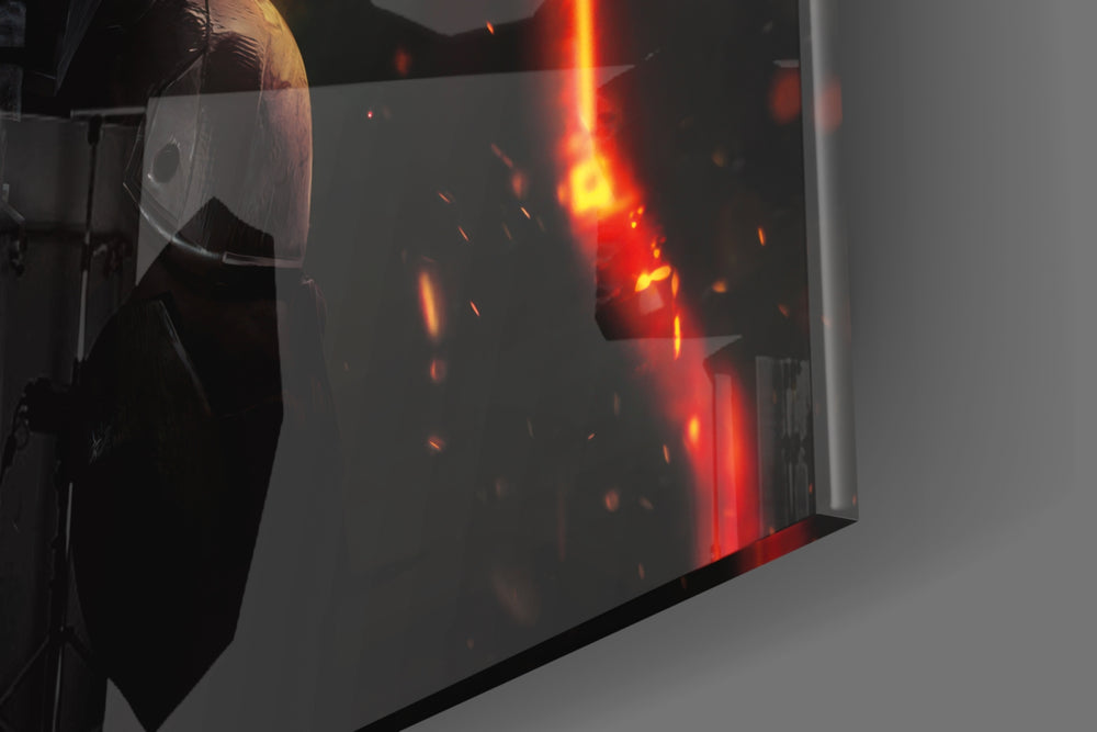Call of Duty glass wall art catching light to reveal its painted neon