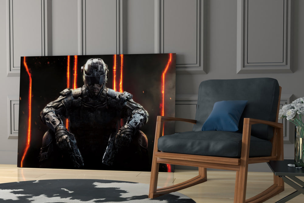 Cinematic artwork in a tactical-leaning home interior