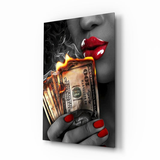 Burn the Money Lips glass wall art in a modern creative loft