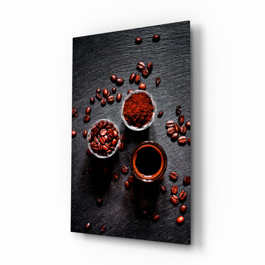 Coffee Trio glass wall art in a modern coffee bar