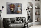Café glass print bringing typography edge to a dining room