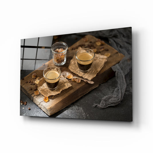 Rustic Espresso glass wall art in a modern coffee bar