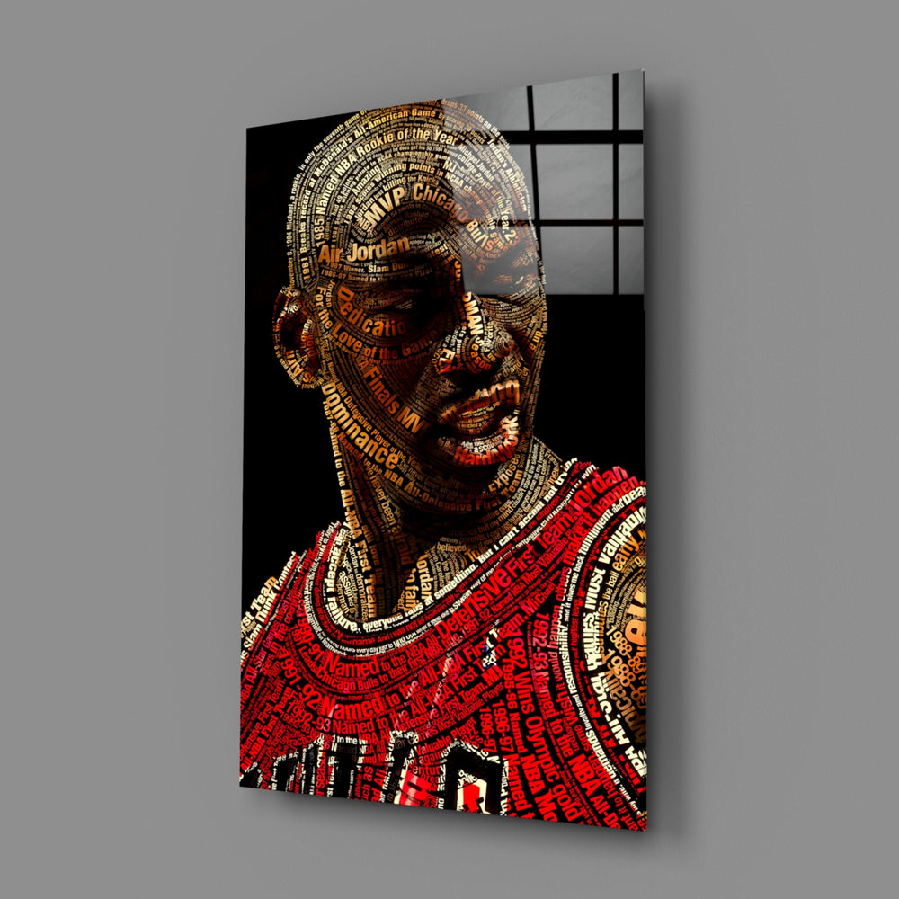 Close-up detail of MJ word-collage portrait behind glass