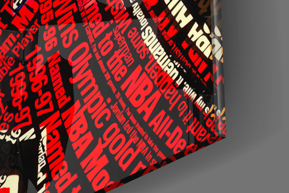 Michael Jordan Typography glass wall art catching light to reveal its painted text