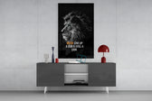 Lion Cub glass wall art catching light to reveal its painted mane