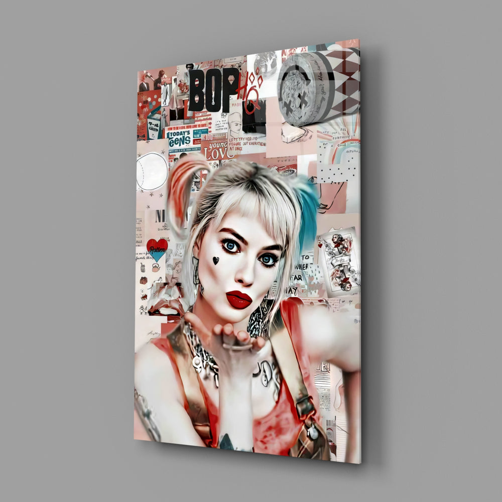 Close-up detail of Harley Quinn pop-collage behind glass