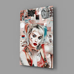 Close-up detail of Harley Quinn pop-collage behind glass