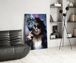 Cult-cinema glass print bringing 90s edge to a moody bedroom