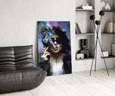 Cult-cinema glass print bringing 90s edge to a moody bedroom