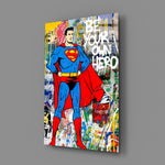 Close-up detail of Superman with graffiti tag behind glass