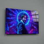 Close-up detail of John Wick in neon armory behind glass