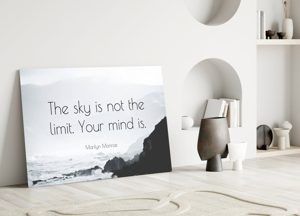 Words of Marilyn Monroe artwork styled in a coastal bedroom interior
