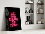 Neon panel against a moody dark-painted accent wall