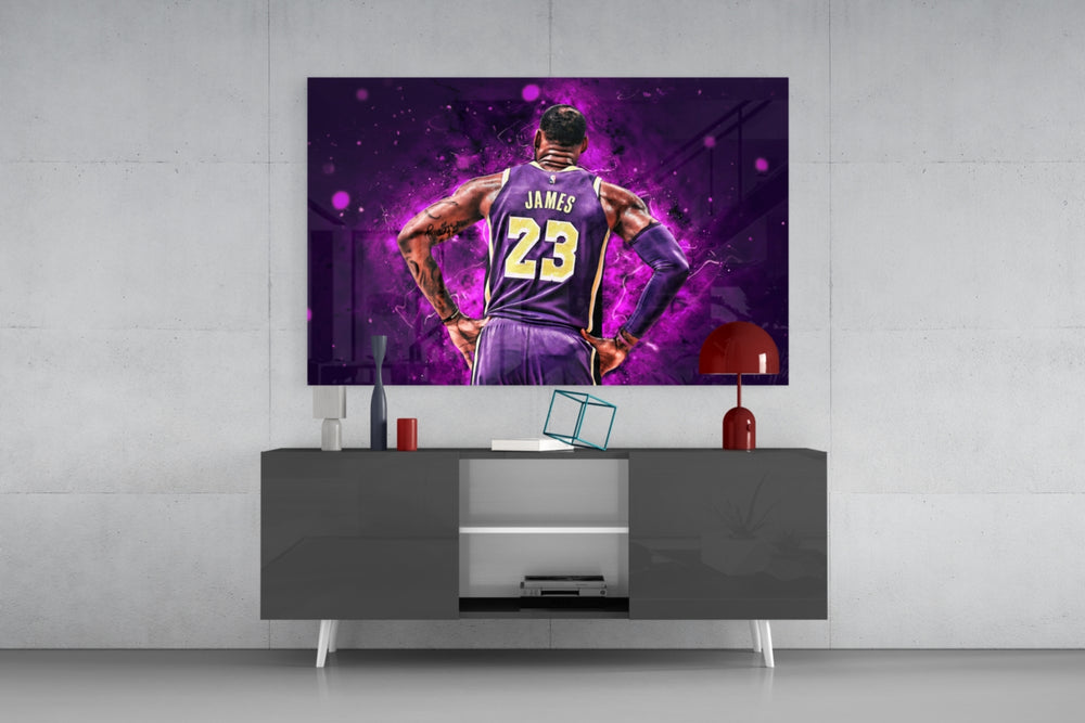 LeBron James glass wall art catching light to reveal its painted burst