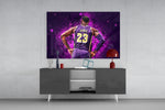 LeBron James glass wall art catching light to reveal its painted burst