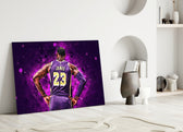 Close-up detail of LeBron in magenta nebula behind glass