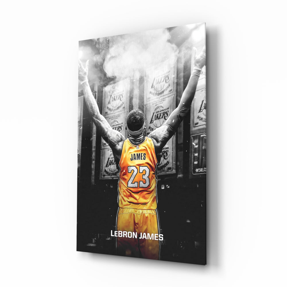 Lakers tribute panel anchoring a sports bar wall