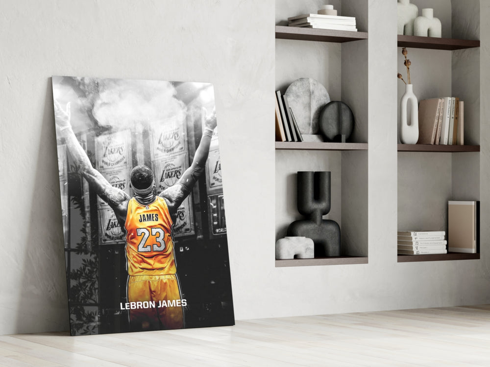 Cinematic artwork in a Lakers-leaning home interior
