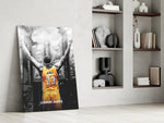 Cinematic artwork in a Lakers-leaning home interior