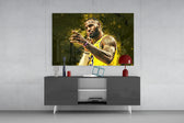 LeBron James Celebration glass wall art catching light to reveal its painted splatter