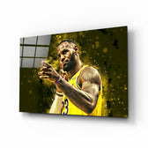 LeBron James Celebration glass wall art in a modern man cave